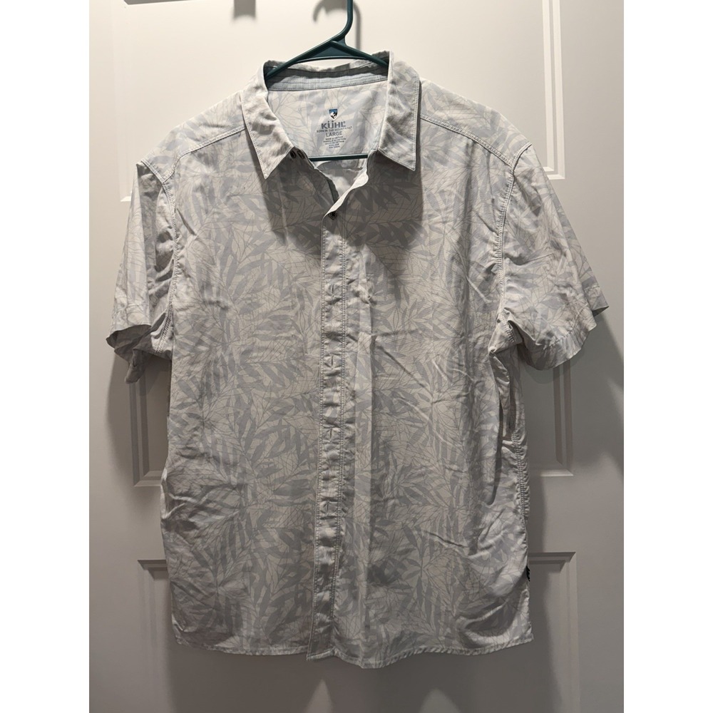KÜHL Mens Large Light Blue Leaf Print Short Sleeve Button Up Shirt Outdoor